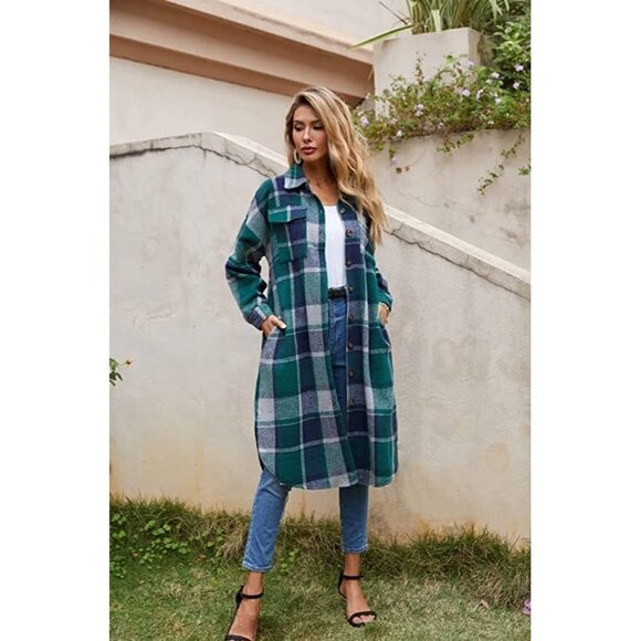 Casual Green Plaid Button Down Long Puff Sleeve Trench Coat Jacket Shacket Wool - Picture 5 of 10